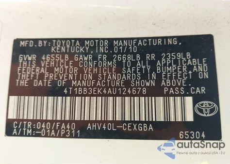 2010 Toyota Camry Hybrid из США, поврежденный, VIN 4T1BB3EK4AU124678